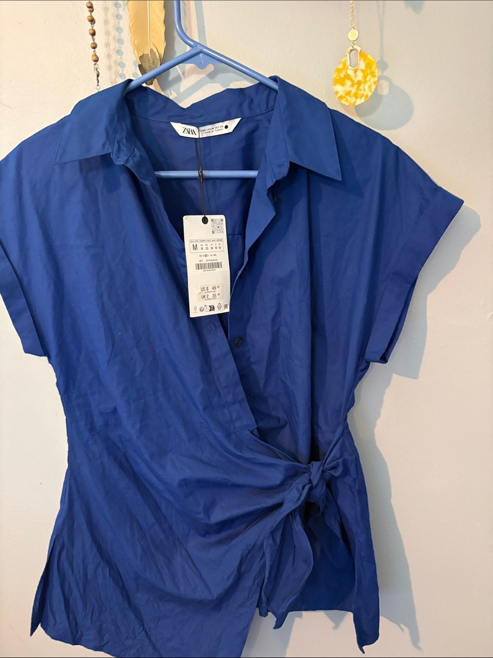 ZARA Royal Blue Short-Sleeve Button-Down Tie-Waist Shirt